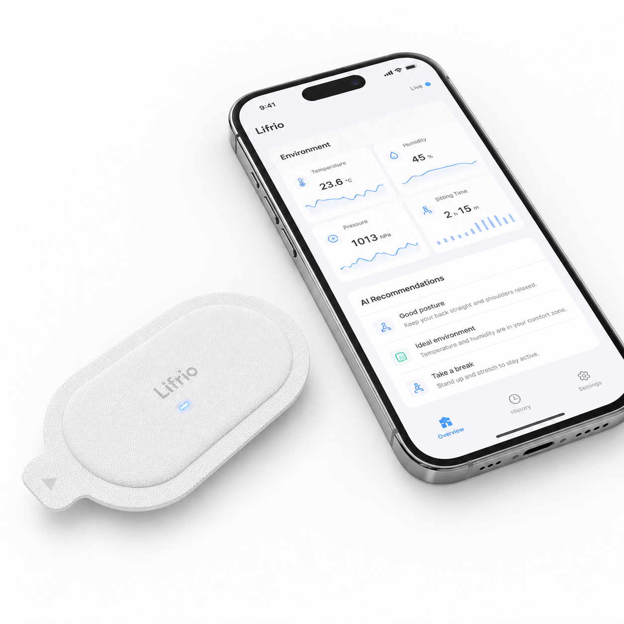 Lifrio App 展示温度湿度压力和 AI 建议